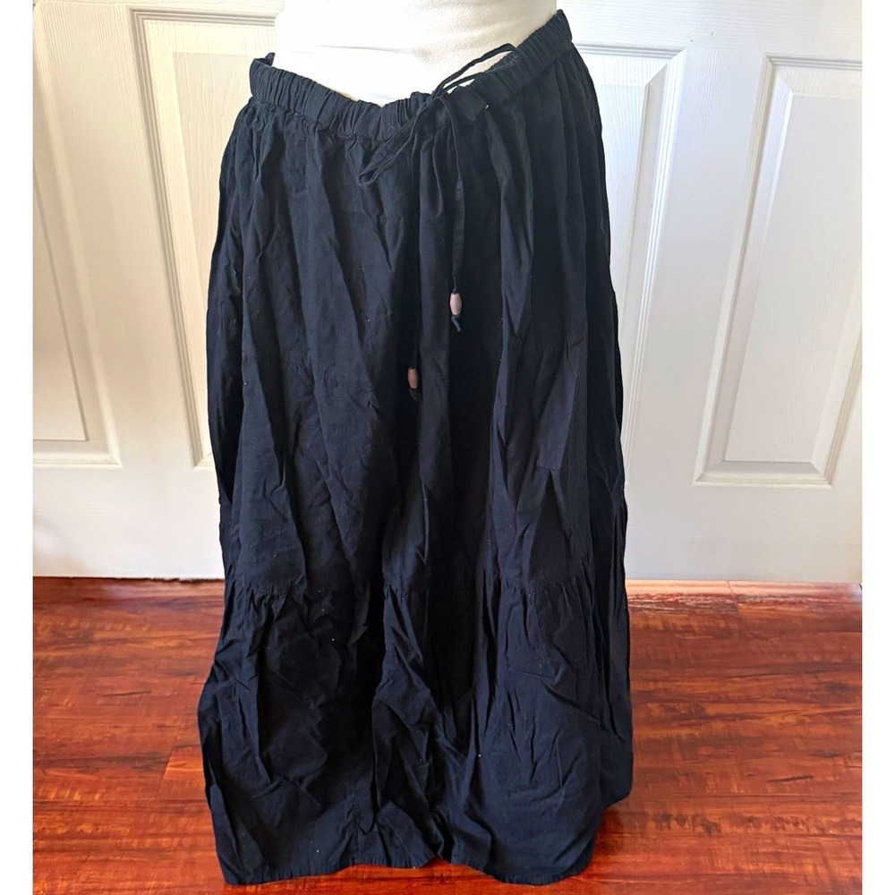 Black Crinkle Tiered Broomstick Peasant Skirt Cotton XL 16-18 Lined White Stag